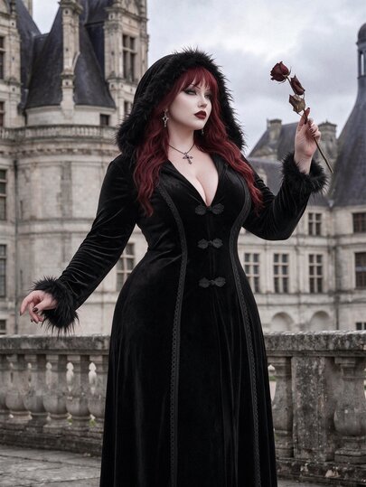 Whyspr Plus Size Women's Long Sleeve Faux Fur Hooded Jacket, Autumn/Winter Vintage Cute Dark Punk Elegant Halloween Style, Extra Long Velvet Black With Frog Buttons, Lace Trim Patchwork, Real Pockets, Open Front