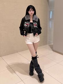 FRIFUL Women's Letter Print Long Sleeve Zip-Up Fur Collar Jacket - Black - View 2