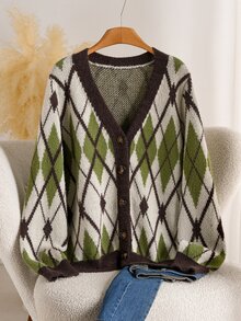 Elaquor Áo cardigan họa tiết quả trám casual size lớn cho mùa Thu/Đông - Nhiều màu - Xem 1