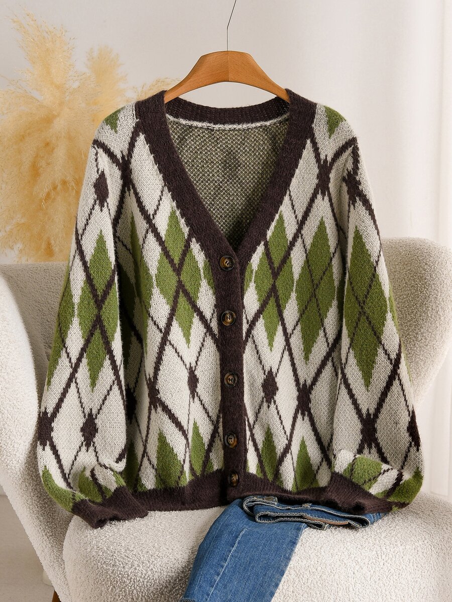 Elaquor Áo cardigan họa tiết quả trám casual size lớn cho mùa Thu/Đông - Nhiều màu - Xem 1
