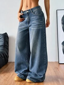 Coolane Women's Casual Denim Jeans With Pockets, Loose Wide Leg - Black - View 3