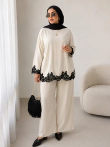 Solavon Plus Size Women's Lace Patchwork Long Sleeve Top And Pants Casual Daily 2 Pieces Set - Apricot - View 4