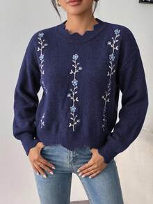 SHEIN 白色蕾絲領寬鬆刺繡秋冬毛衣 - 藏蓝色 - 查看 3