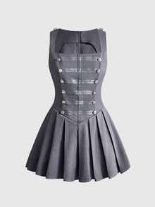 ROMWE Y2K Gaun Mini Kasual Wanita Napoleon dengan Kancing Ganda - Grey - View 1