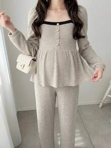 Dazy Maternity Setelan 2 Potong Atasan Pullover Lengan Panjang dan Celana dengan Motif Garis-Garis dan Patchwork Warna Kontras di Bagian Bawah, Cocok untuk Pakaian Rumah Sehari-hari Musim Semi dan Gugur serta untuk Ibu Hamil - Grey - View 7