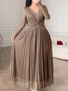 Feyla Plus Size Elegant Pleated Lace Patchwork Glitter Dress - Brown - View 4
