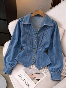 GlowEve CURVE Plus Size Autumn Casual Cinched Waist Denim Jacket - Medium Wash - View 1