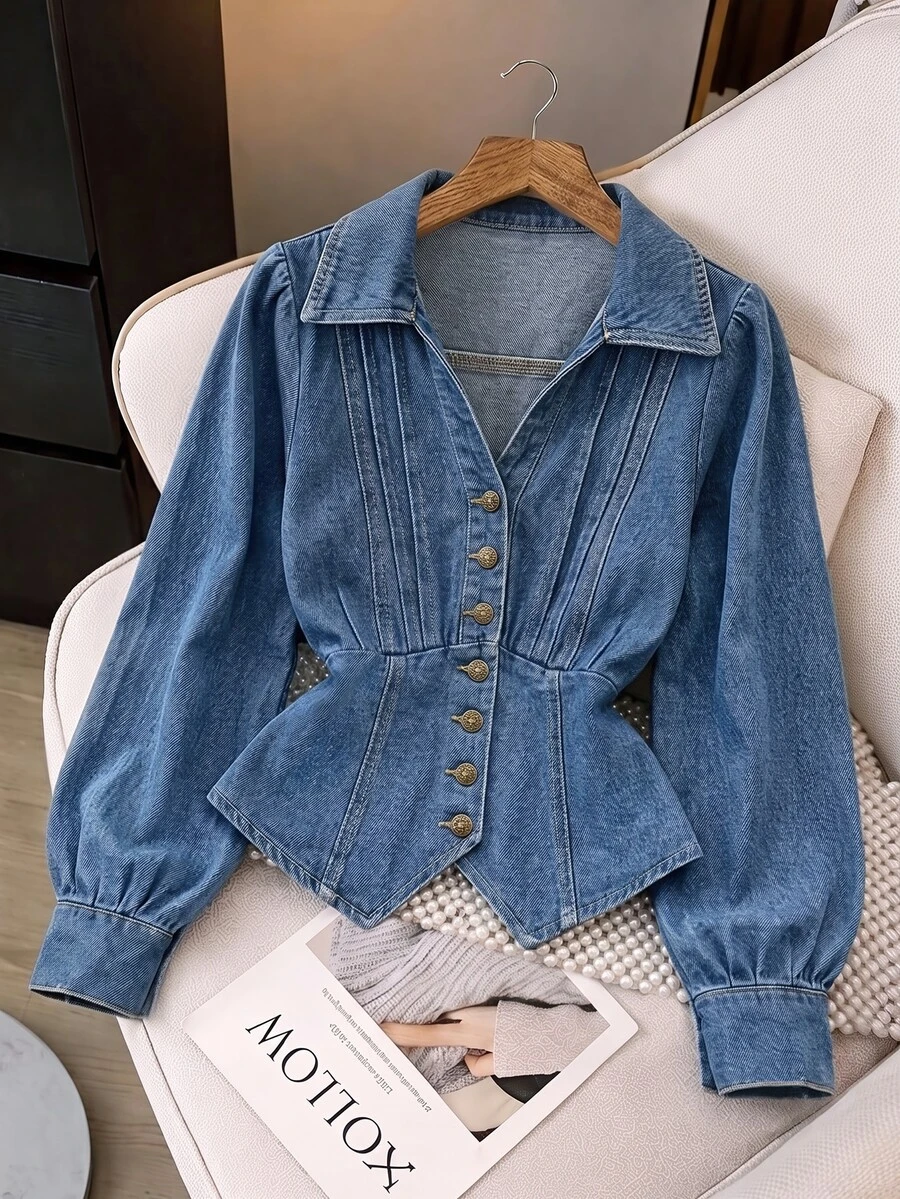 GlowEve CURVE Plus Size Autumn Casual Cinched Waist Denim Jacket - Medium Wash - View 1