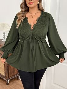 SHEIN CURVE+ Plus Size Women's Contrast Color Lace Deep V-Neck Tie Front Ruffle Sleeve Sexy Blouse, Autumn Long Sleeve Top Fall - Green - View 3