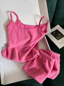 Franclia 女款純色細肩帶上衣與短褲休閒日常套裝 - 玫紅色 - 查看 2