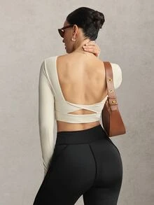 Activina Women's Solid Color Back Cutout Design Long Sleeve Sports T-Shirt - White - View 3