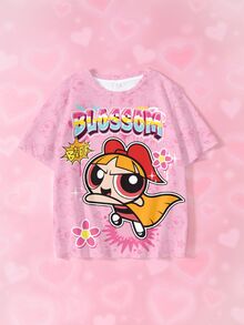THE POWERPUFF GIRLS X SHEIN Tween Girl Letter Cartoon Print Casual Daily Short Sleeve T-Shirt - White - View 1