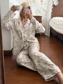 CottageSlumber Bubble Crinkle Ditsy Floral Print Lapel Long Sleeve Long Pants Pajama Set - Apricot - View 1
