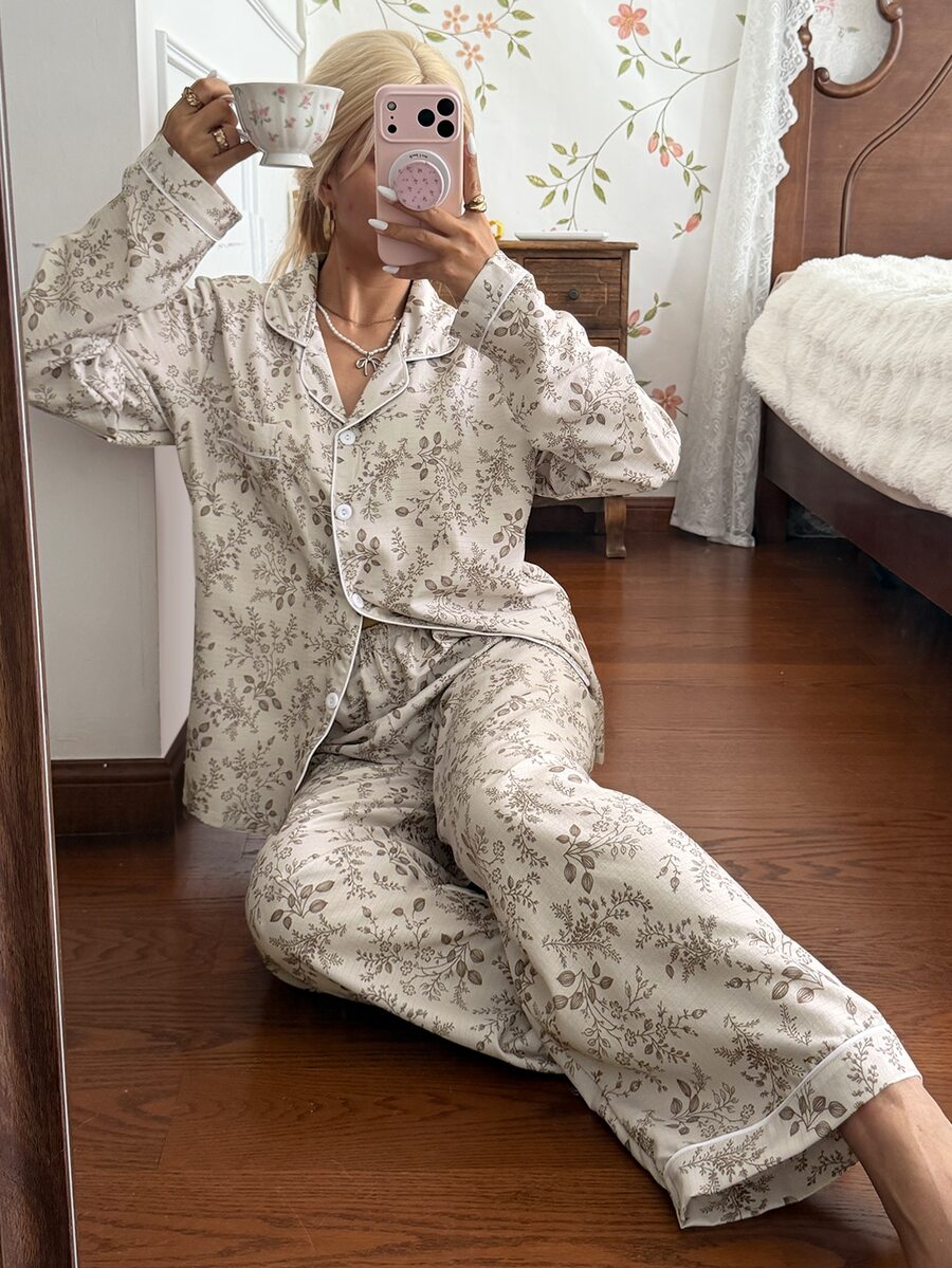 CottageSlumber Bubble Crinkle Ditsy Floral Print Lapel Long Sleeve Long Pants Pajama Set - Apricot - View 1