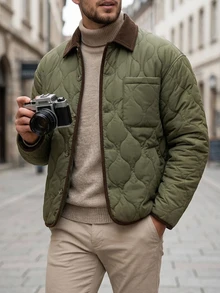 DAZY Jaket Mantel Pria Bertekstur Quilted Warna Hijau Army Patchwork - Hijau Tentara - View 4