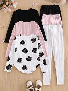 SHEIN Girls' 3pcs Knit Fuzzy Ribbed Sweatshirt & Pants Set, Ribbed Print Pattern With Leggings, Casual Fashion Minimalist Comfortable, Suitable For Indoor/Outdoor, Back To School - Multicolor - View 2