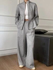 Livesso Women's 2pcs Casual Floral Bud Ruffle Trim Jacket And Pants Set Fall - Grey - View 1