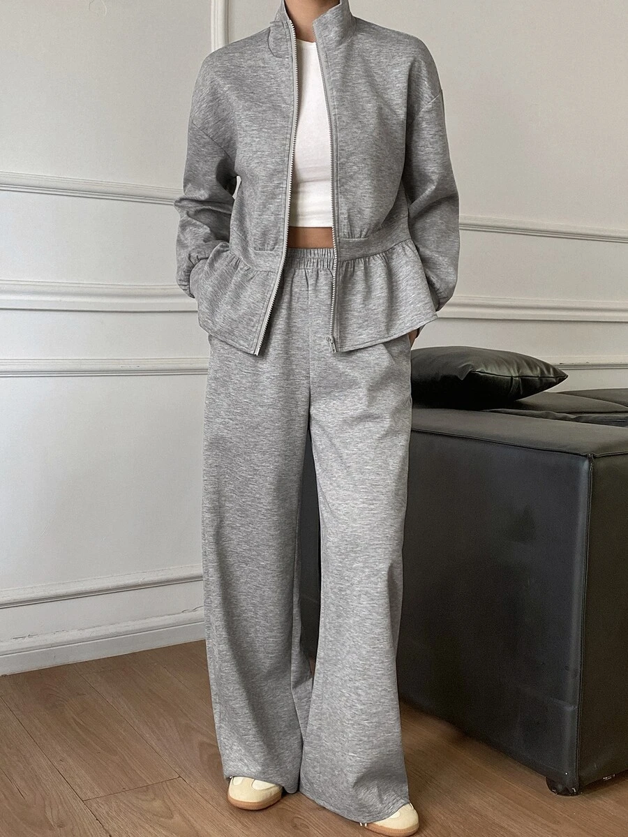 Livesso Women's 2pcs Casual Floral Bud Ruffle Trim Jacket And Pants Set Fall - Grey - View 1
