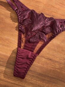 SHEIN Esselle 2件組女款刺繡鋼圈性感內衣套裝 - 中紫紅色 - 查看 4