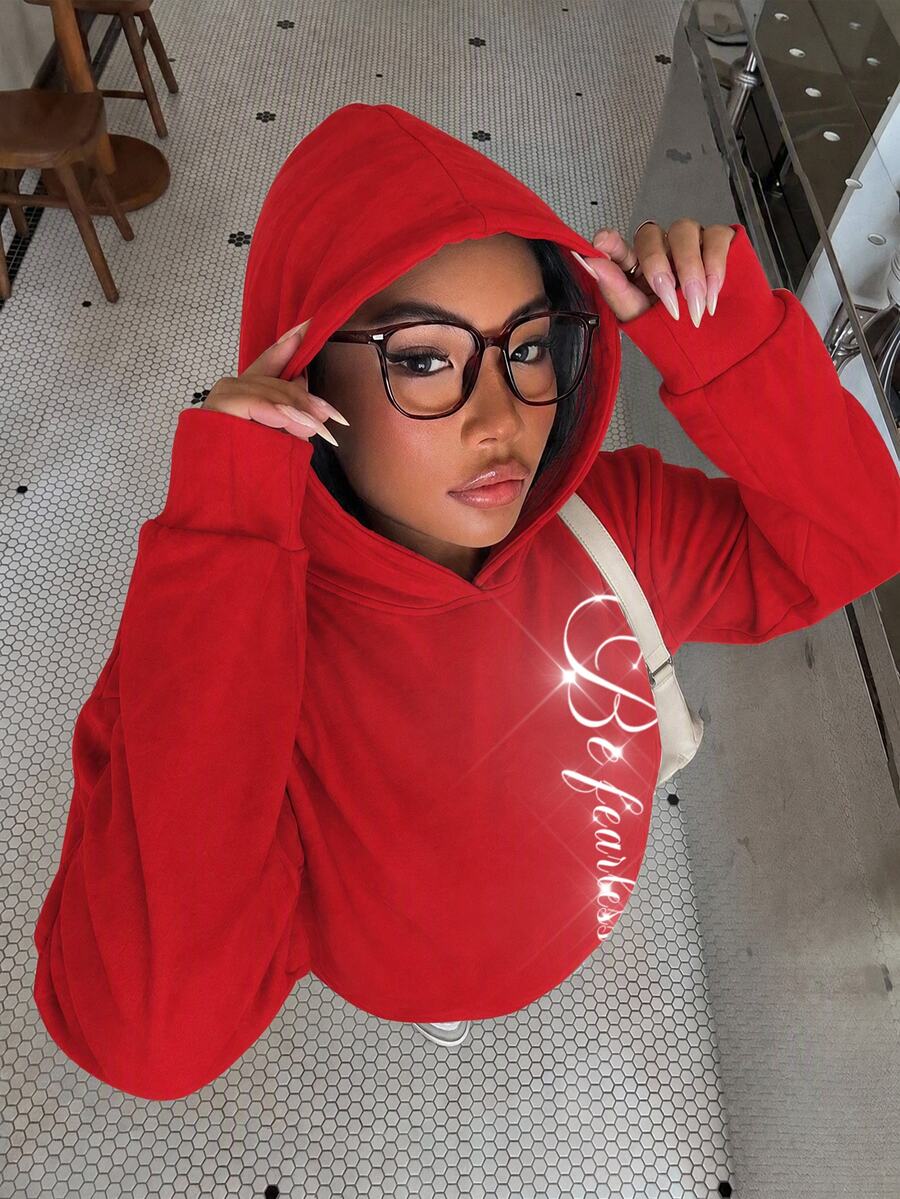 Muchica Women's Red Sweatshirt, Fancy English Graphic, Real Rhinestone Pattern, Casual Fashion, Halloween Essential Eye-Catching Red, Street Style Modern - Red - View 1