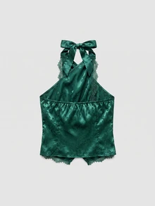 Nöista Polka Dot Halter Top With Lace Trim, Going Out Top For Women, Vacation Outfit, Party Style Aesthetic Chic - Army Green - View 8