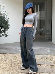 DAZY 女款休閒日常外出寬腿牛仔褲，附口袋與鈕扣設計 - 藍色 - 查看 6