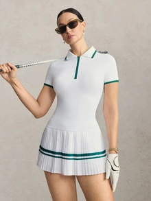 Activina Women's Patchwork Striped Pleated Hem Short Sleeve Sports Dress With Shorts White And Green Set Color Block Athletic Tennis Golf Summer - White - View 1