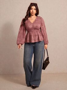 Elaquor 大尺碼女款花卉V領燈籠袖優雅襯衫 - 粉色 - 查看 1
