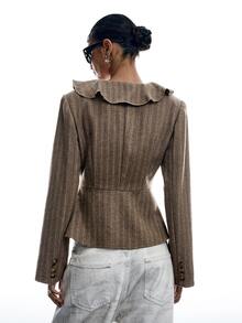 LYSMO Women's Striped Deep V-Neck Ruffle Trim Fashion Versatile Overcoat Autumn Clothes Night Out Outfit - Khaki - View 2