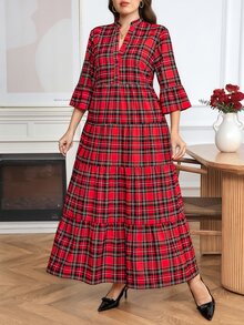 Easowa Curve Christmas Plus Size Women's Plaid Cutout V-Neck Ruffle Hem Dress - Multicolor - View 4