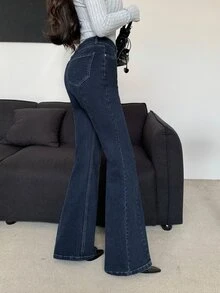DAZY 女款休閒日常牛仔褲，附口袋與鈕扣，秋季款 - 藍色 - 查看 2
