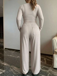 REIGN AVE Autumn Solid Color Minimalist Casual Outwear & Home Base Layer Top + Straight Leg Casual Pants 2 Pieces Set - Camel - View 7