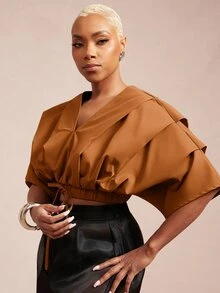 Vixey Solid Woven Pleated Structured Sleeve Drawstring Waist Top - Redwood - View 2