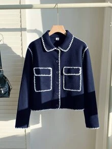 SHEIN 青少年女孩休閒百搭黑白撞色飾邊翻領大口袋秋冬羊毛外套 - 藏蓝色 - 查看 3