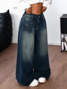 SHEIN ICON Women's Casual Washed Cross Rhinestone Decor Wide Leg Jeans - Blue - View 7
