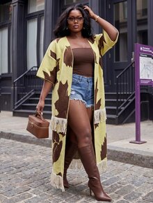 Slaydiva Plus Size Yellow Cable Knit Tassel Short Sleeve Drop Shoulder Cardigan, Casual Chic Sweater For Fall Autumn Winter Date Vacation - Yellow - View 9
