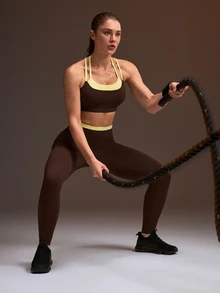 Powerista Women's Brown Sports Bra & Tight 9/10 Leggings Workout Set - Brown - View 1