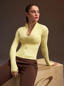 Powerista Women's Pale Yellow Slim Fit Long Sleeve Stand Collar Open Front Sports Jacket - Light Yellow - View 7
