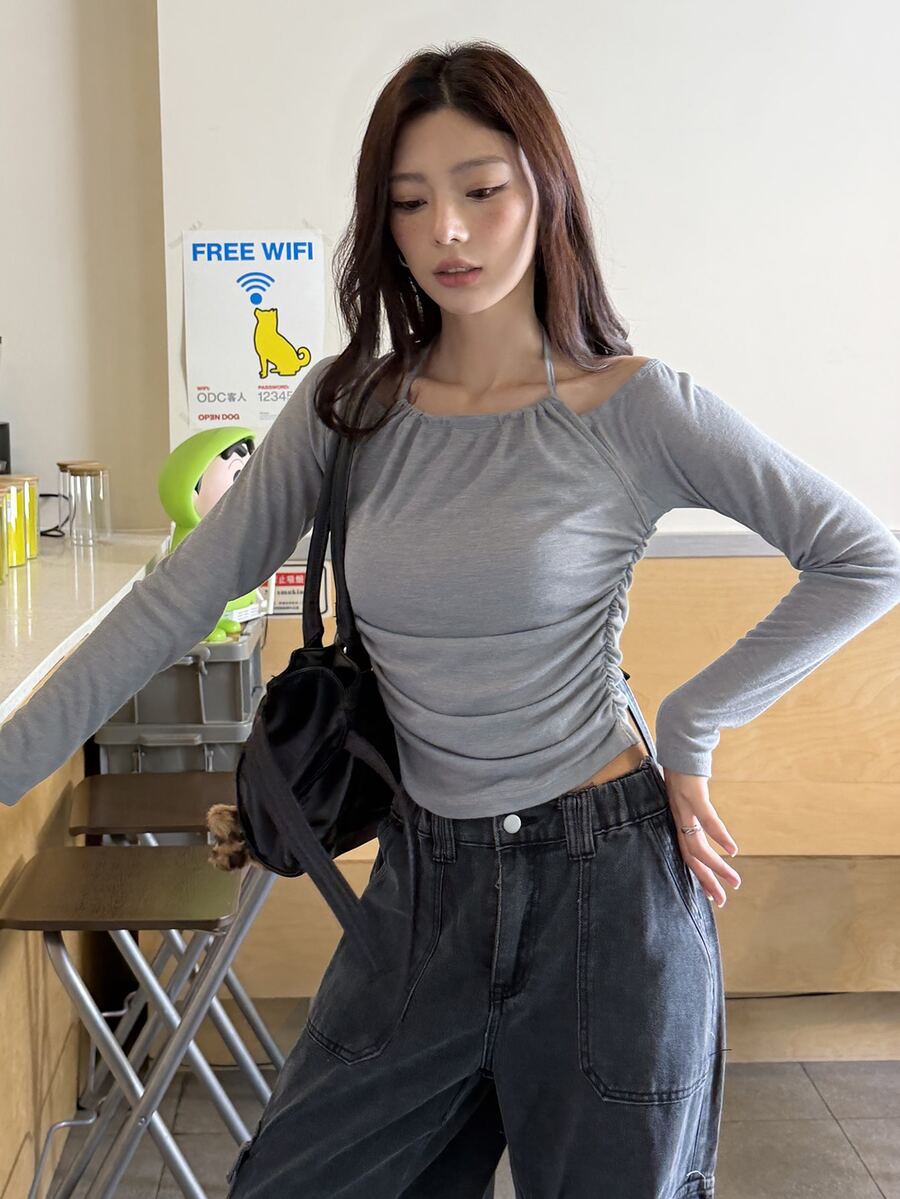 K-Vae Women's Minimalist Sexy Ins Style Atmosphere Halter Neck Ruched Grey Long Sleeve Base Layer Top, Slim Fit Waist Design, Minimalist Everyday Wear - Grey - View 1