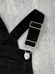 Boys' Black Denim Overalls With Adjustable Metal Buckle Straps, All-Over Rhinestone Cross Pattern Decor, Loose Straight Leg Jumpsuit, Y2K Streetwear Casual Pants For Back To School, Street Style, Party, Daily Wear - Black - View 4