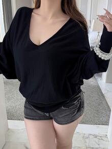 Vibekara Sweater Pullover Longgar Lengan Panjang Model Batwing Leher V Warna Polos untuk Wanita Ukuran Plus Musim Dingin - Hitam - View 1