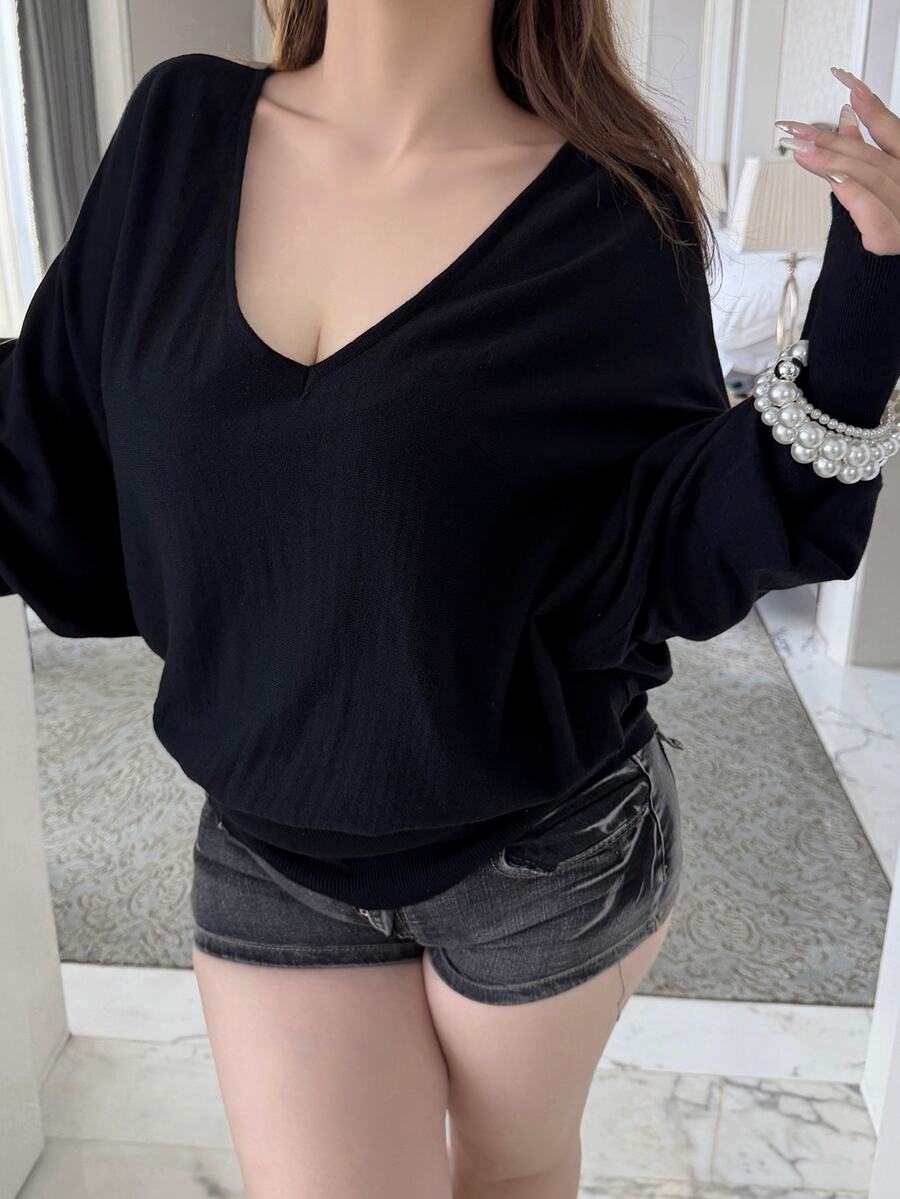Vibekara Sweater Pullover Longgar Lengan Panjang Model Batwing Leher V Warna Polos untuk Wanita Ukuran Plus Musim Dingin - Hitam - View 1