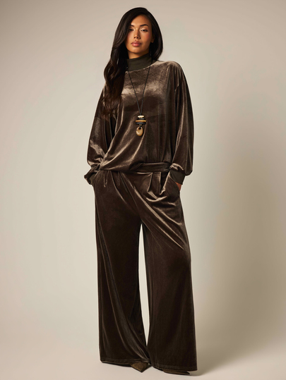COSMINA Women's Velvet Long Sleeve Autumn/Winter Set Lounge Tea Party Dark Brown Casual Elegant