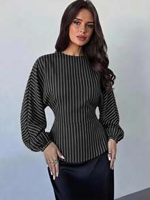 Firerie 女款商務休閒優雅辦公通勤黑白圓領蝙蝠袖長袖收腰綁帶X型修身襯衫秋季 - 黑色 - 查看 6
