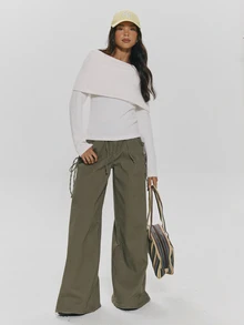 MUSERA White Knit Lightweigt Foldover Bardot Long Sleeve Top Autumn Winter Fall Daily Everyday Essential Core Knitwear - White - View 2