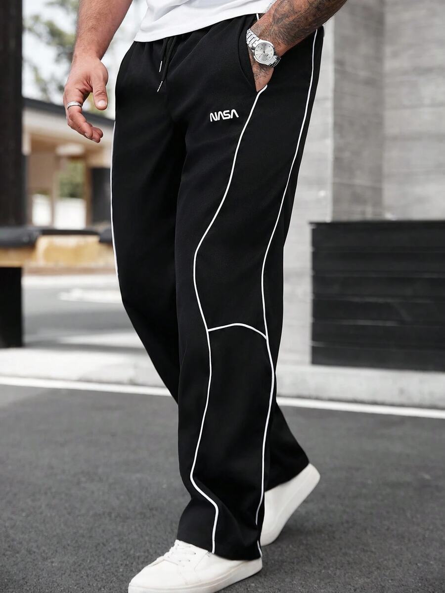 Manfinity Homme Men's Plus-Size Casual Streetwear Loose Patchwork Workout Jogging Sweatpants Black And White Wide-Leg Pants Fall Street Style Work Everyday Wear - Black - View 1