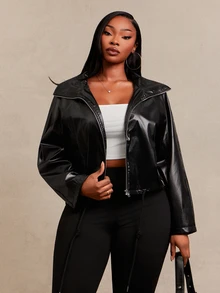 SHEIN SXY Plus Size Women's Black PU Loose Cropped Puffy Jacket - Black - View 6