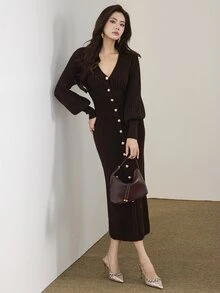 Heiryn Gaun Rajut Elegan Wanita Warna Polos Leher V Lengan Panjang Kancing Tunggal - Coffee Brown - View 3