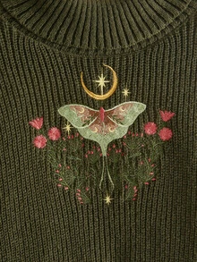 ROMWE Goth 植物蘑菇刺繡燈籠袖寬鬆套頭毛衣 - 軍綠色 - 查看 3