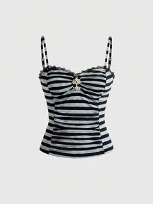 ROMWE Gothic Cross Pendant Romantic Lace Patchwork Ruched Fitted Women's Tank Top - Dark Grey - View 1